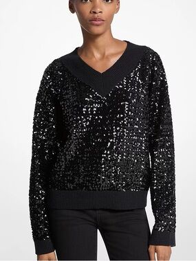 Michael Kors Black Sequin V-Neck Sweater Pullover